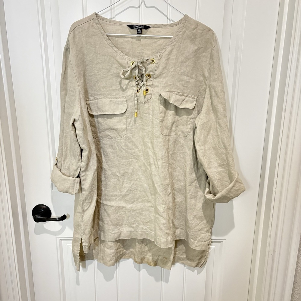 Company Ellen Tracy 100% Linen Top XXL Lace Up Front 3/4 Sleeve Hi Lo